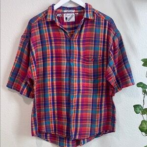 Goouch Vintage 100% Cotton Colorful Plaid Womens‎ Shirt, Button Down Size XL